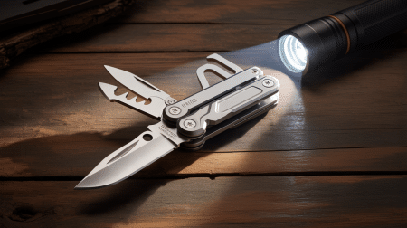 Illustration of the Tacray MT1 multitool with an integrated flashlight designed for practical everyday use.