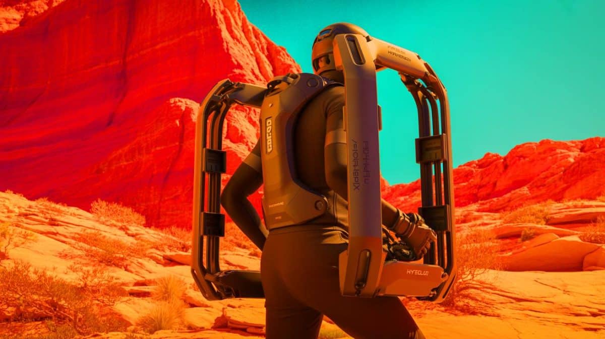 “Is This the Future of Mobility?”: Wearable Exo Motor Unleashes Shocking Power (And It’s More Than an E-Bike) Illustration of Hypershell's X Ultra Exoskeleton Enhancing Human Mobility in Outdoor Terrains.