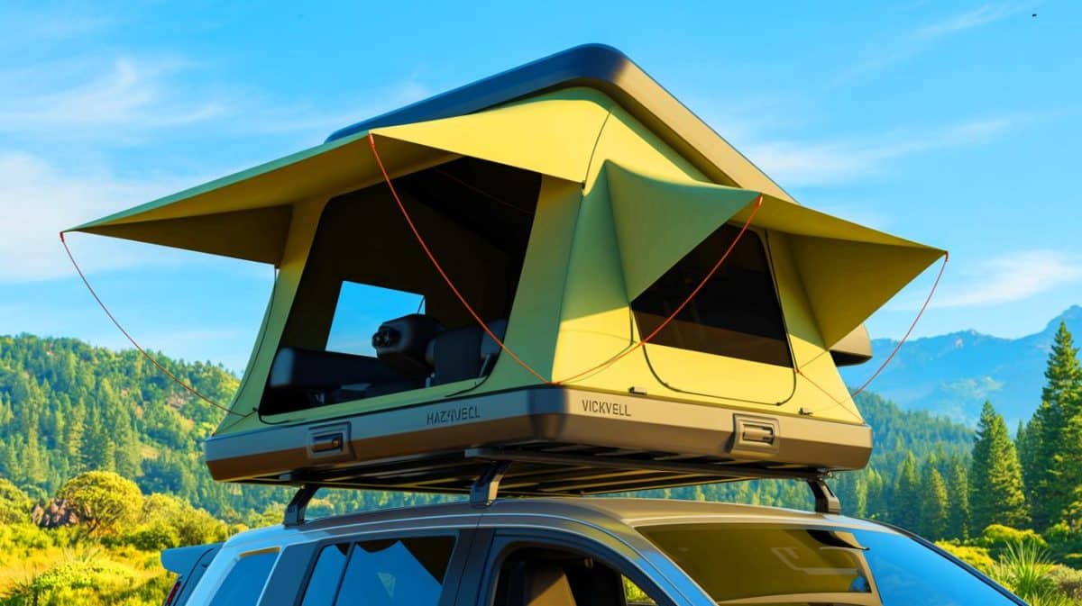 This 5-Second Tent Reveals Shocking Secret That Transforms Your Rooftop Into A Stunning Balcony Oasis Illustration of the Vickywood Hazel rooftop tent with a panoramic open-air balcony setup.