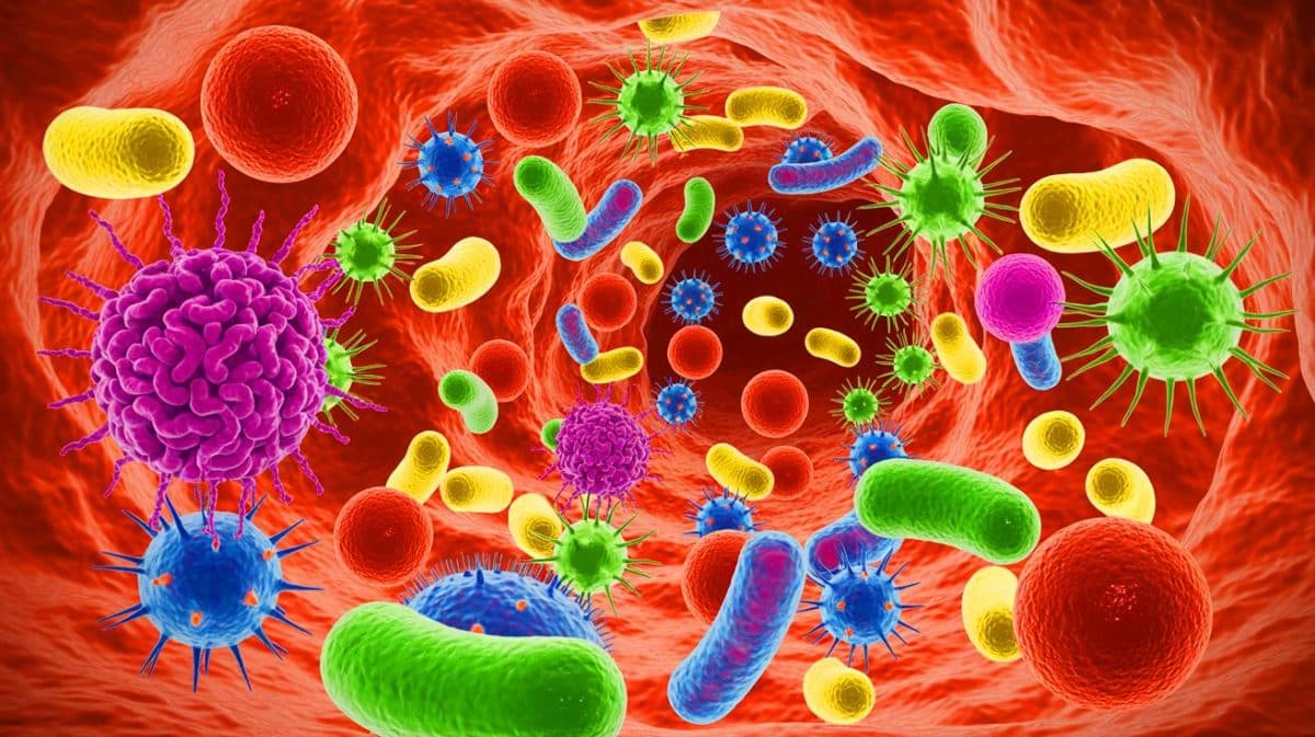 Illustration of the interaction between human gut cells and newly discovered gut viruses.