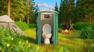 Illustration of the Clesana X1 portable toilet with telescopic design and dry flush system.