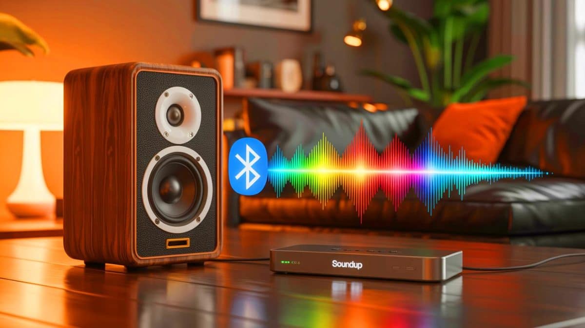 “This Hidden Trick”: Transform Your Old Speakers Instantly and Experience Mind-Blowing Sound Without Spending Hundreds Illustration of SoundUp Device Connecting Vintage Speakers to Bluetooth Technology.