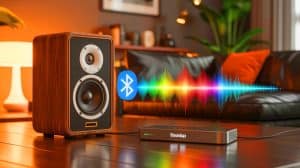 Illustration of SoundUp Device Connecting Vintage Speakers to Bluetooth Technology.