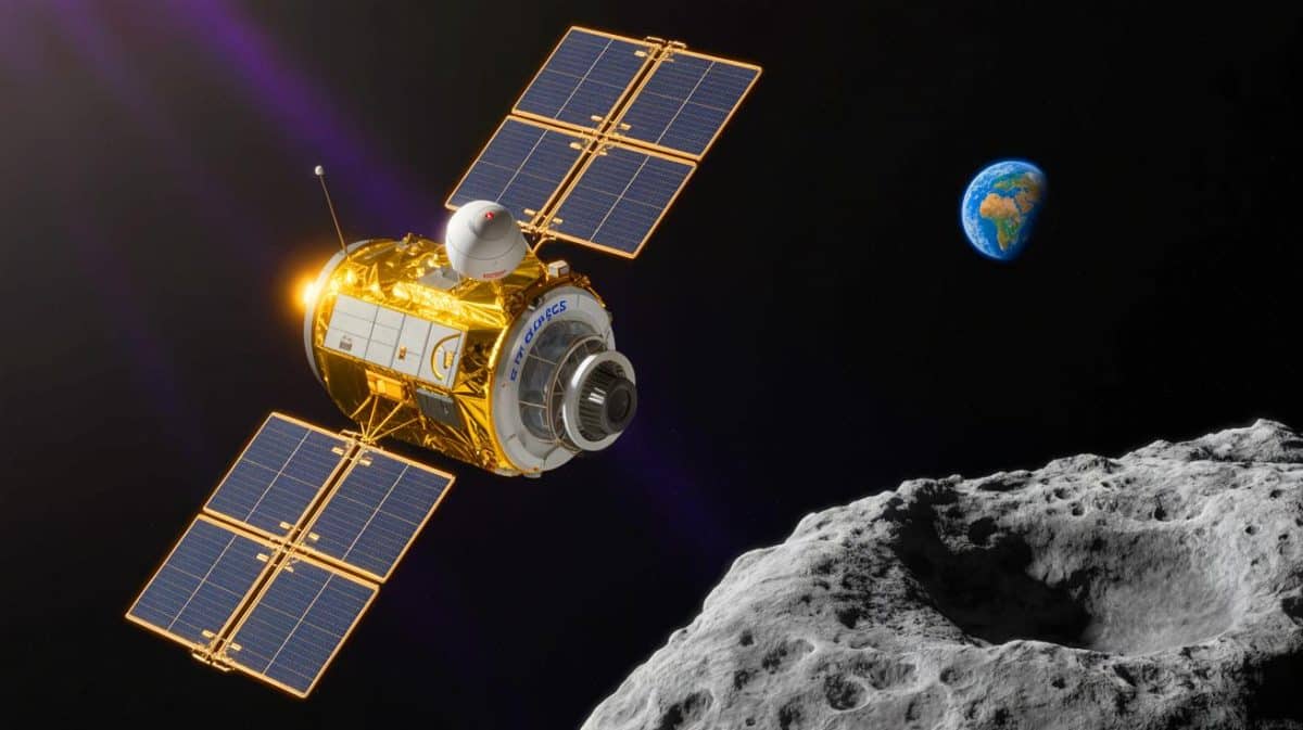 Illustration of the OSIRIS-APEX spacecraft at asteroid Apophis.