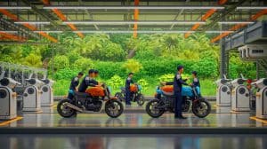 Illustration of TVS Motor Company's facility showcasing advanced manufacturing and innovation in motorcycle production.