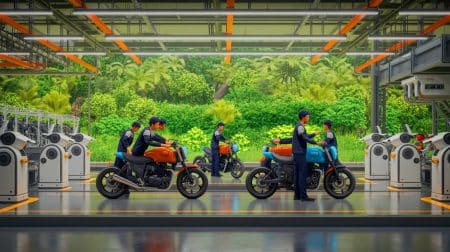 Illustration of TVS Motor Company's facility showcasing advanced manufacturing and innovation in motorcycle production.