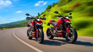 Illustration of Ducati's fourth-generation Hypermotard V2 and V2 SP motorcycles showcasing their innovative lightweight design.