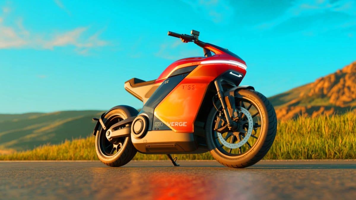 Illustration of the Verge TS Pro electric motorcycle showcasing its hubless design and advanced features.