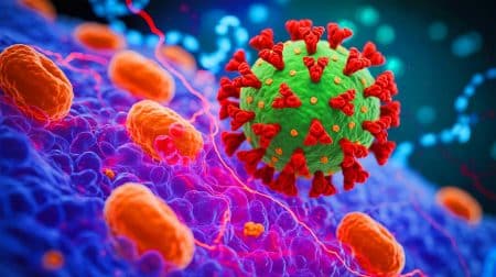 Illustration of the flu virus engaging in cellular invasion as observed through advanced ViViD-AFM microscopy.
