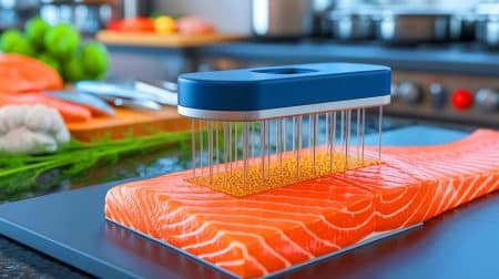 Illustration of a microneedle-based sensor assessing fish freshness.